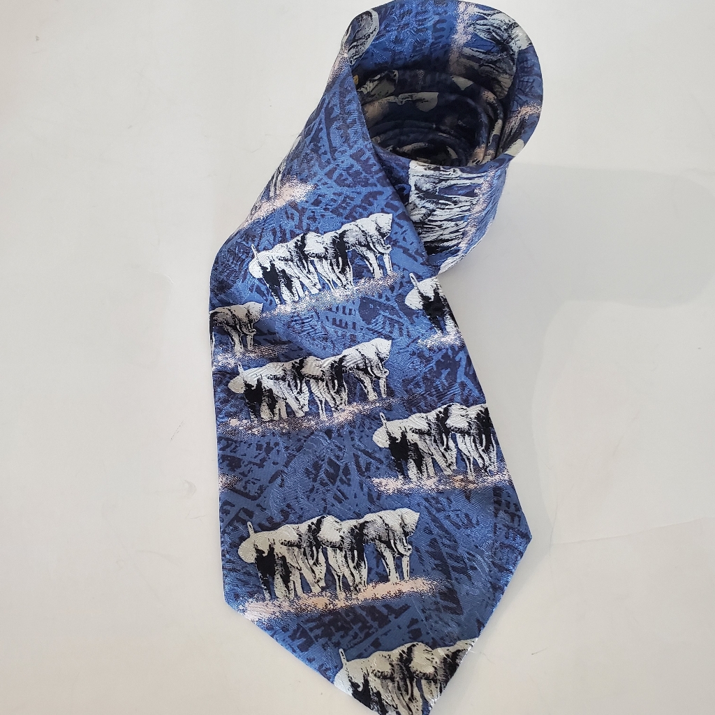 Endangered Species Wembley 100% Silk Tie African Elephant Blues Black Vtg Usa